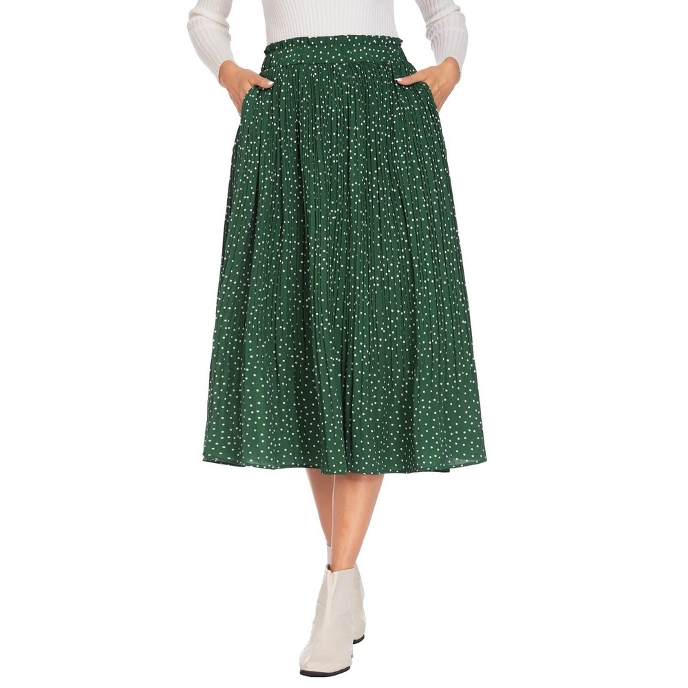 Exlura Dark Green Polka Dot Pleated Midi Skirt | Size S | NWT | Has Pockets